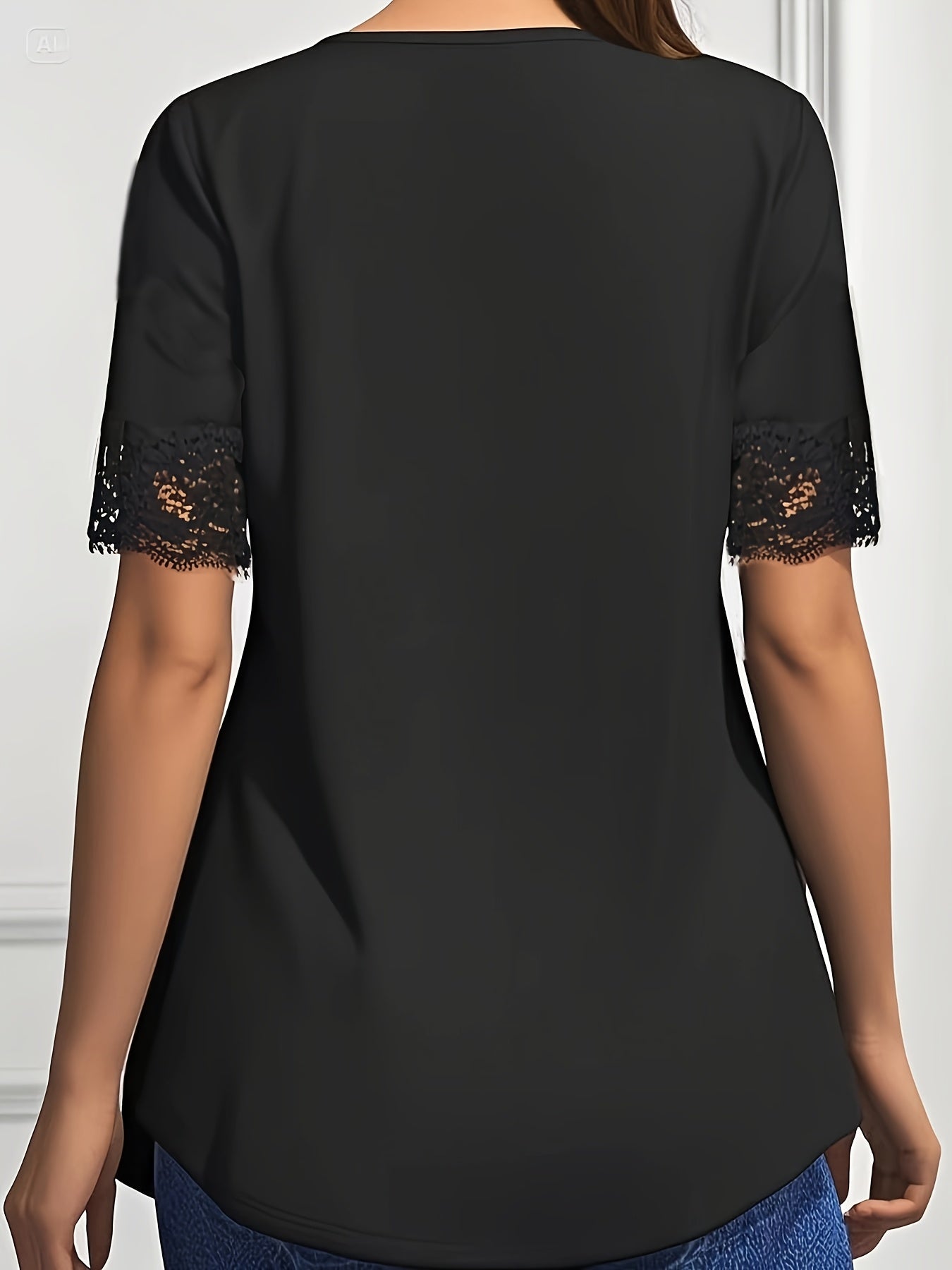 Women's Plus Size V-Neck Blouse with Lace Detail Short Sleeve Navy Blue White