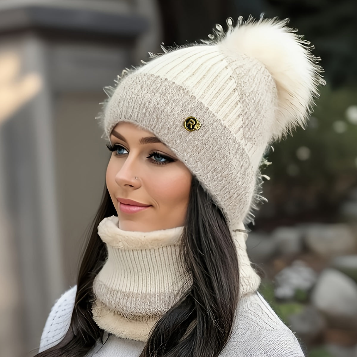 Women's Fleece-Lined Knit Beanie and Scarf Set Warm Winter Hat and Neck Warmer