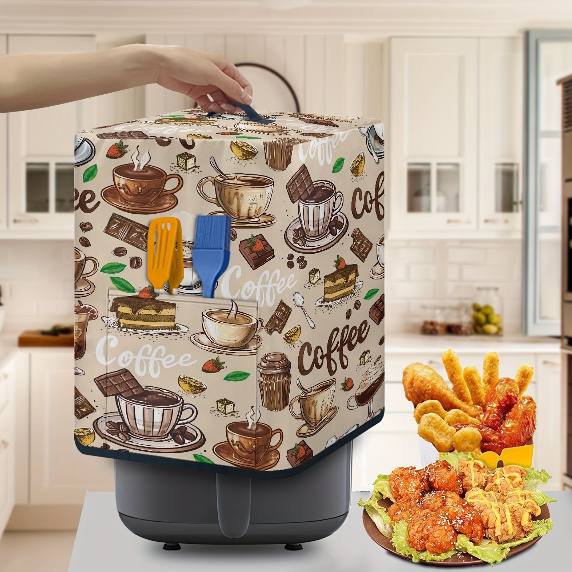 Ko'p funksiyali oshxona apparati qopqog'i tutqichi va qog'oz sochiq sumkasi bilan, elektr qozon, bosim qozoni va havo fritöre uchun mos. Havo fritöre uchun qahva mavzusidagi chang qopqog'i, mukammal.