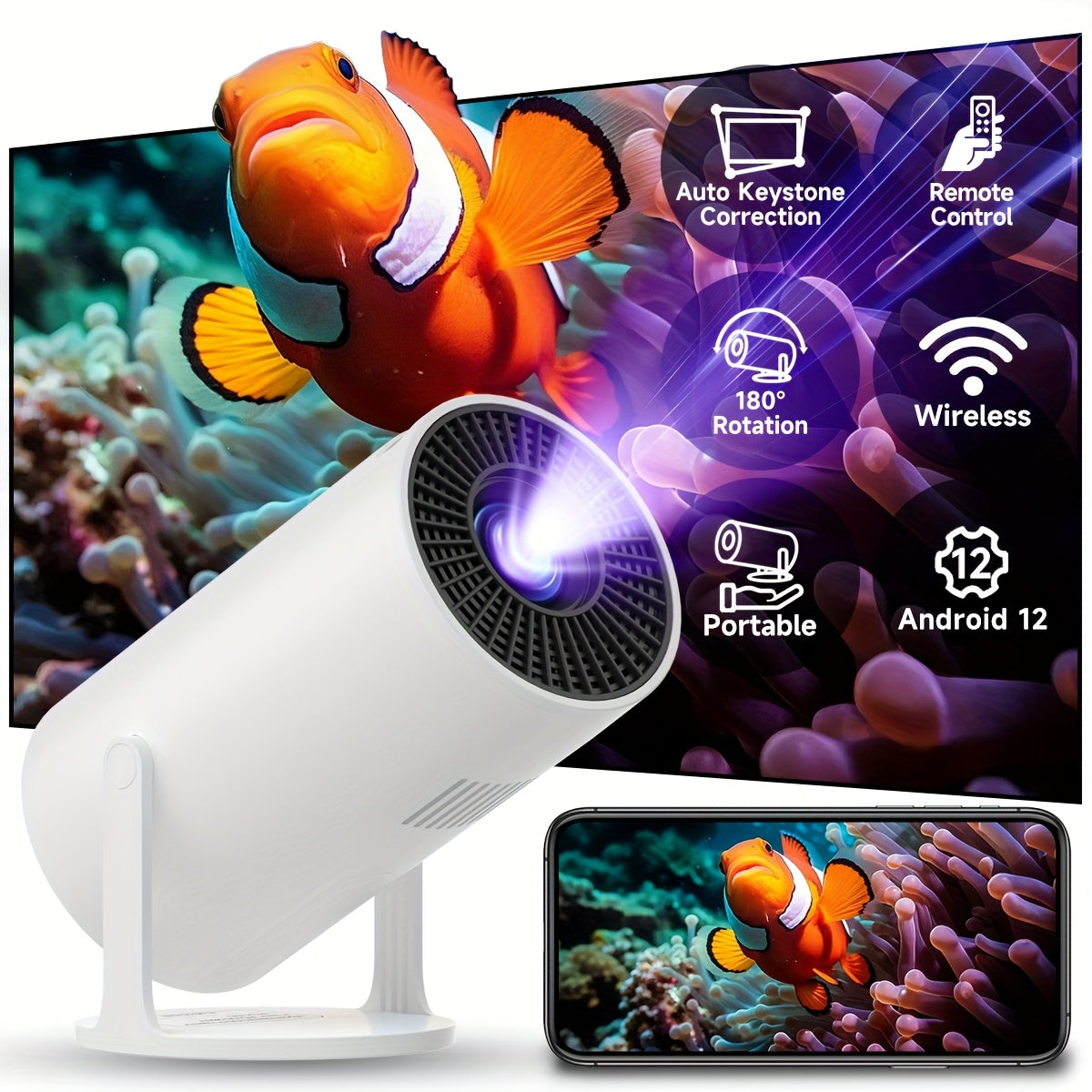 Портативный 4K умный проектор с яркостью 150Ansi, WiFi6, Android TV