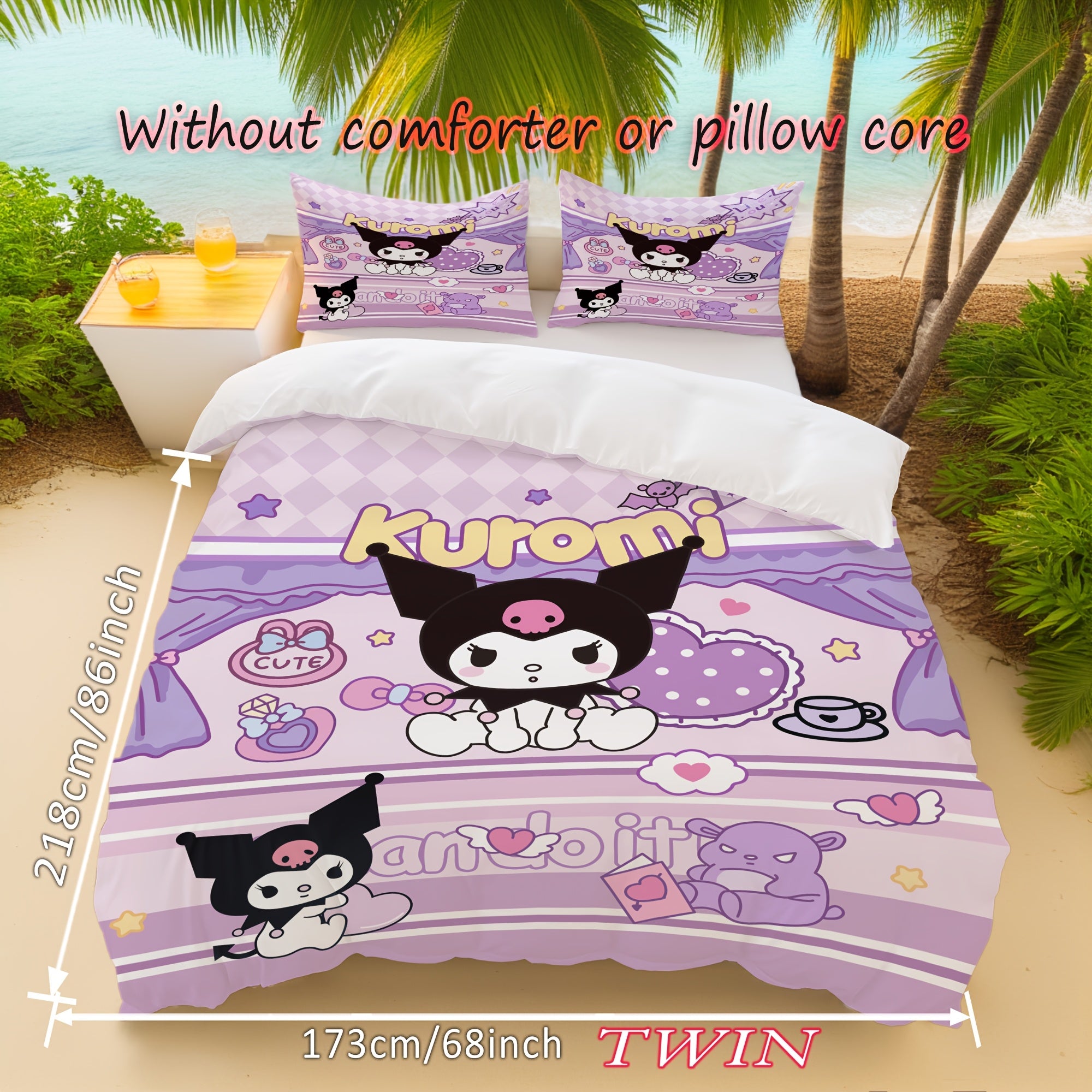 Anime Polyester Bedding Set for Teens Purple Duvet Cover with Zipper Closure