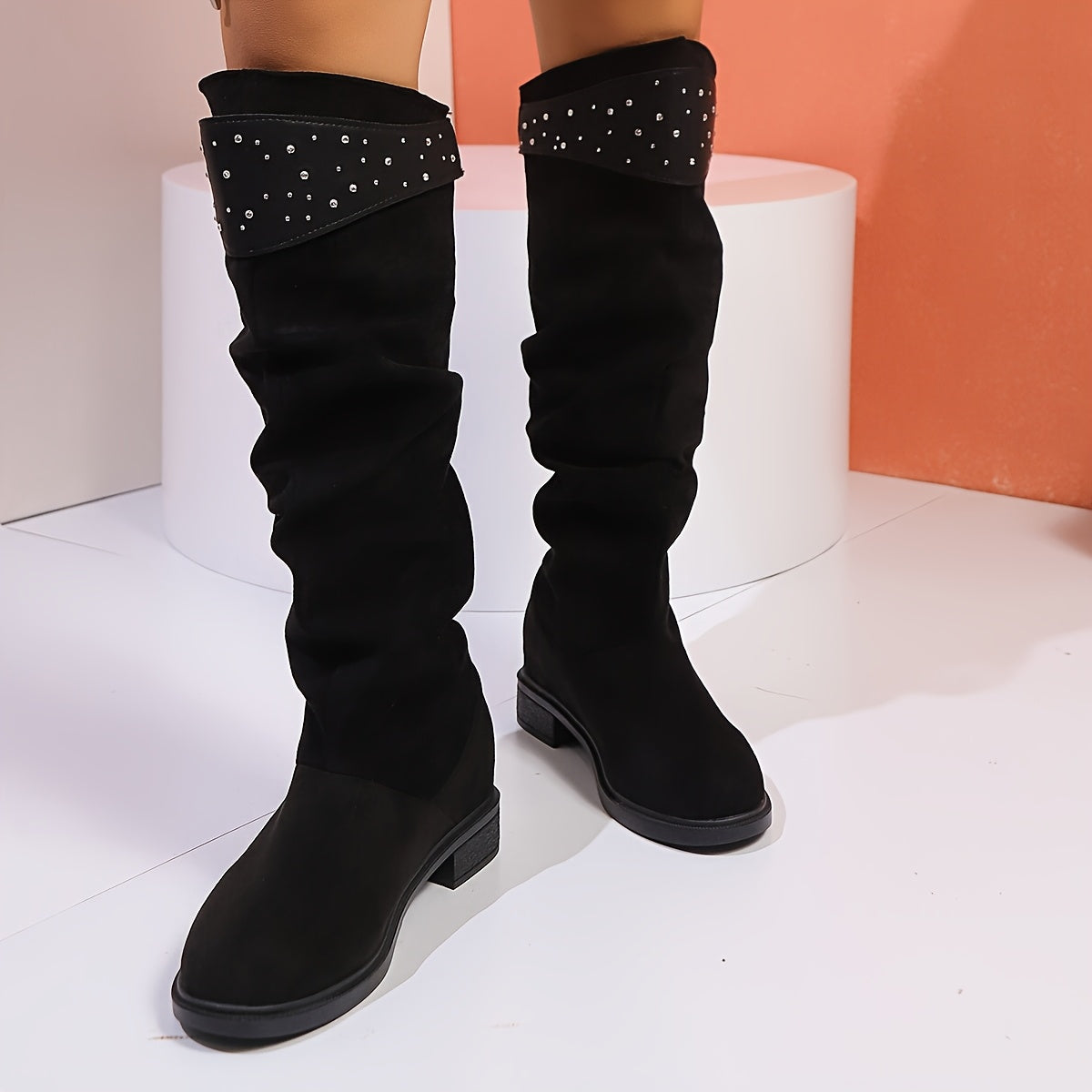 Женские сапоги из искусственной кожи до колена с стразами, каблук-кубик, на slip-on