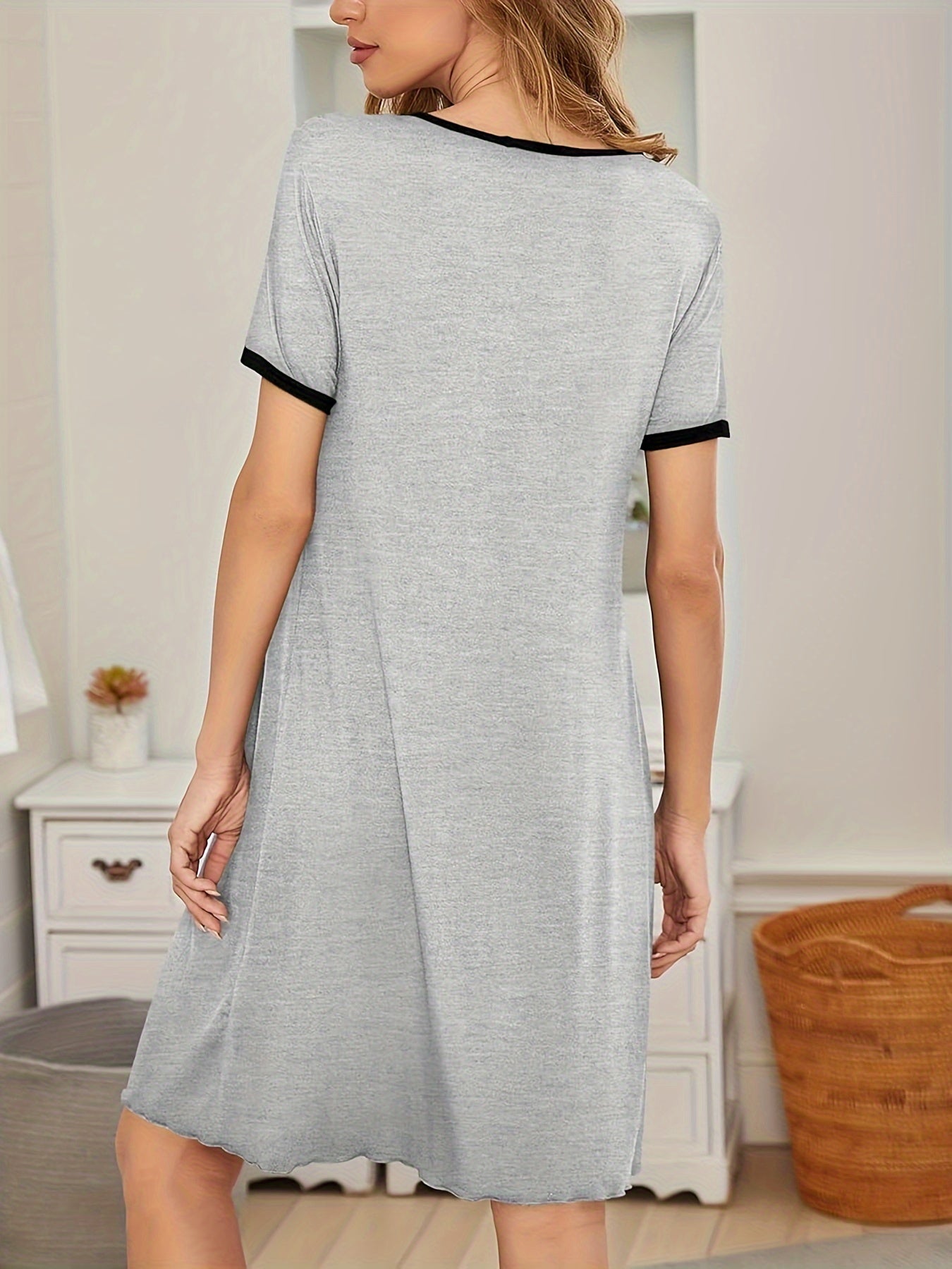 Solid Nightdress with Ruched Short Sleeves and Loose Fit for Sleepwear