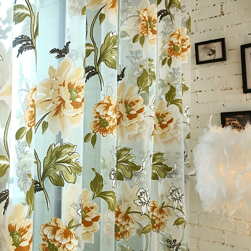 Floral Tulle Sheer Curtain Panel with Rod Pocket Purple Yellow Flowers Living Room Decor