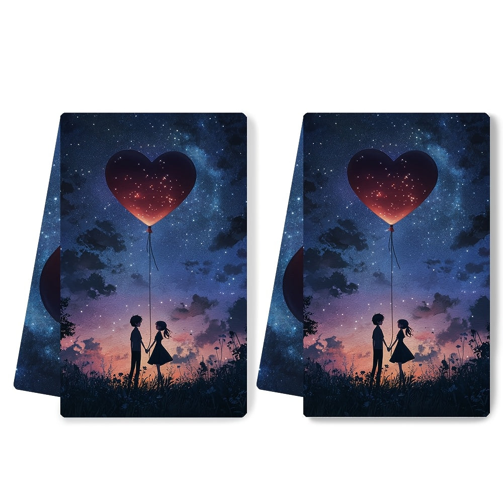 2 Ultra Soft Absorbent Kitchen Towels with Anime Couple and Heart Balloon