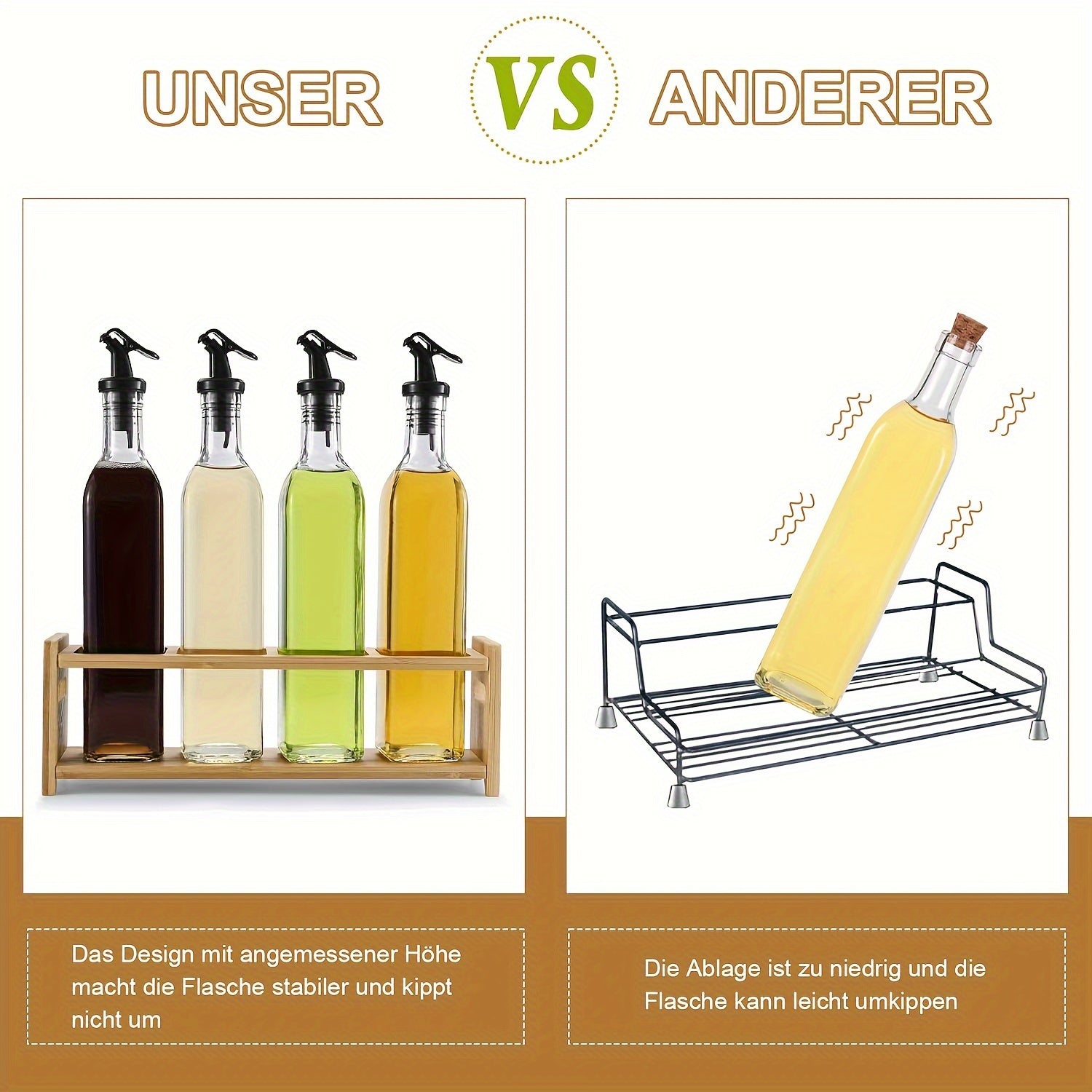 Set of 4 Oil and Vinegar Bottles with Bamboo Rack, 500ml Glass Canisters
