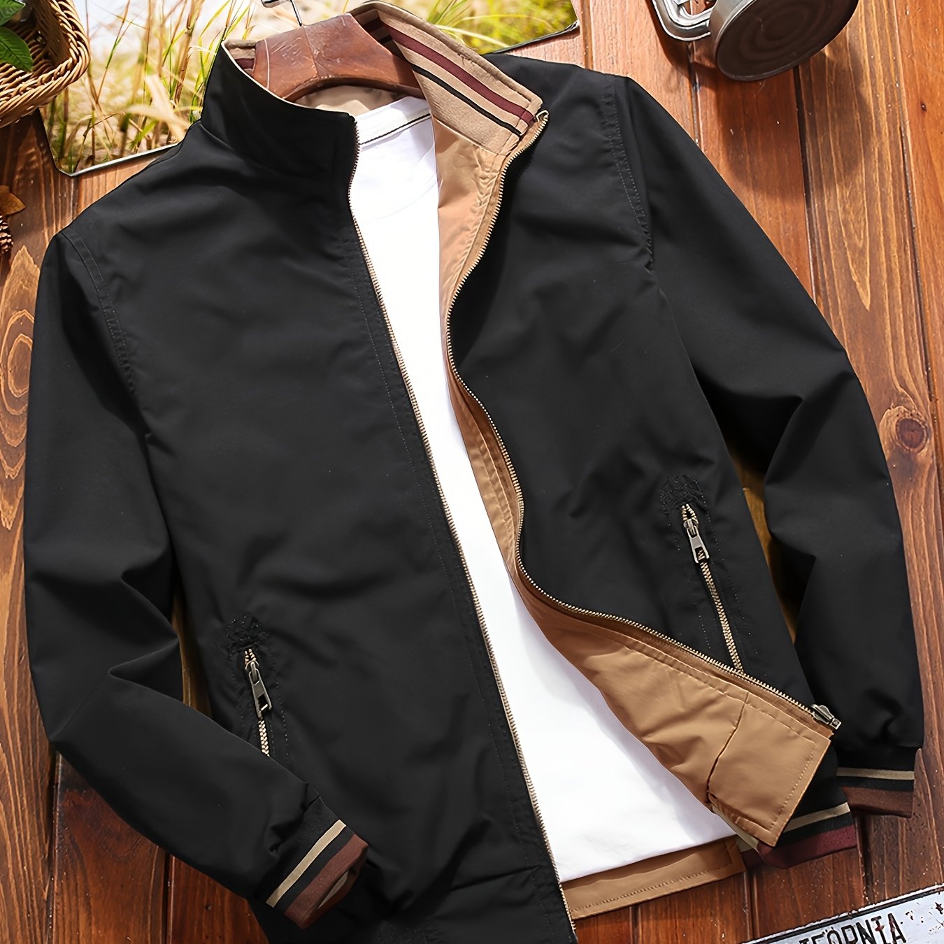 Men's Reversible Windproof Jacket with Pockets and Military-Inspired Design