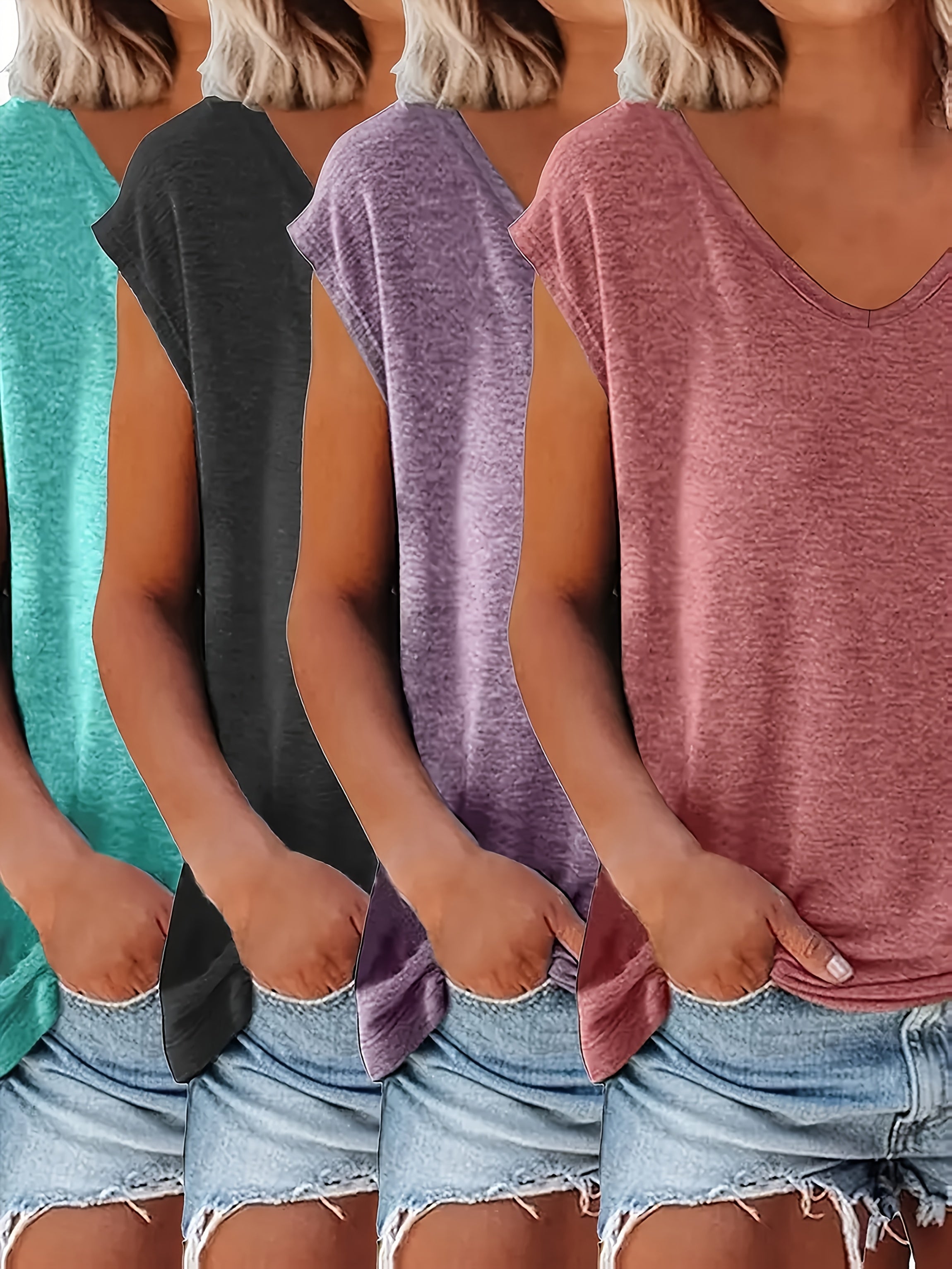 Комплектация из 4 футболок с коротким рукавом и V-образным вырезом для полных женщин, летние повседневные топы