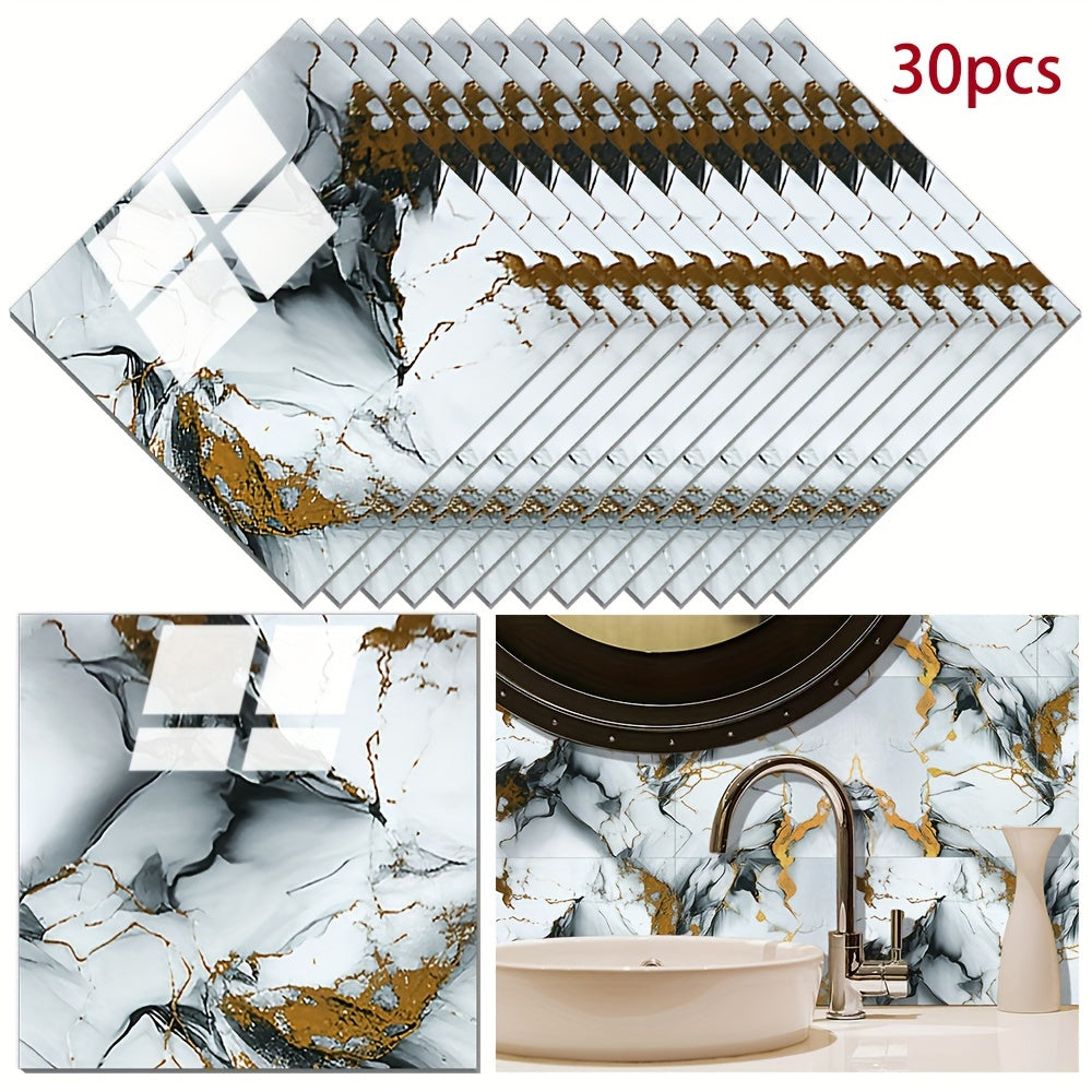 Self-Adhesive Marble Effect Wall Tile Stickers Waterproof PVC for Kitchen Bathroom Gray Gold Set