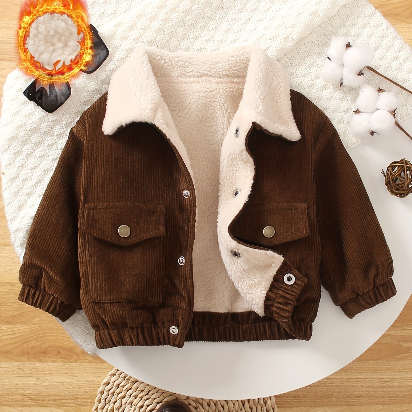 Baby Boy Corduroy Jacket with Fuzzy Lining, Button Front, Turndown Collar for Fall Winter Outdoor