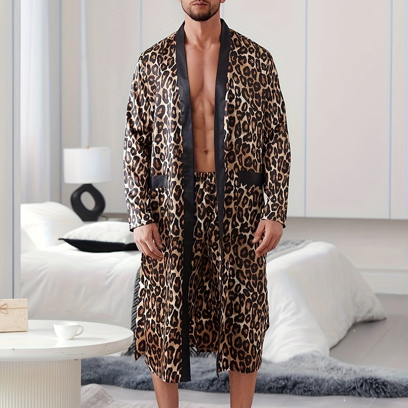 Men's Leopard Print Pajama Set with V-Neck Robe and Belted Pants