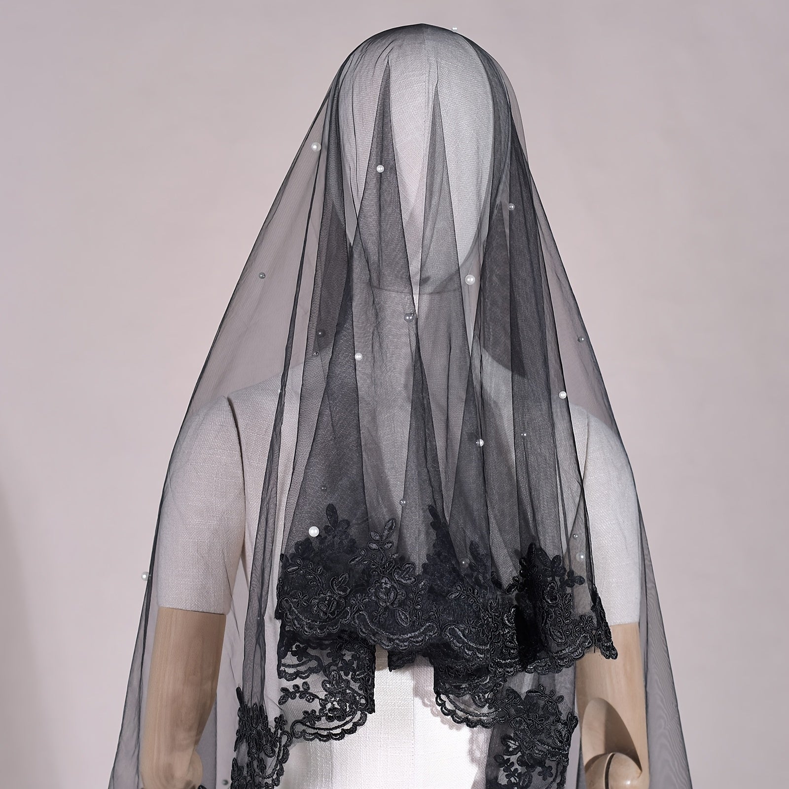 Black Lace Bridal Veil with Faux Pearls for Wedding or Halloween Themed Events