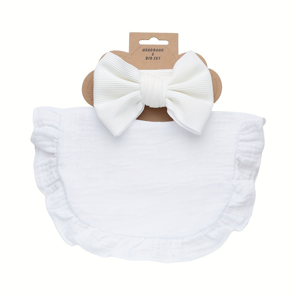 Baby Bibs and Headbands Set of 2 Lotus Leaf Bib and Elastic Bow Headband with Plain Color Soft Bib