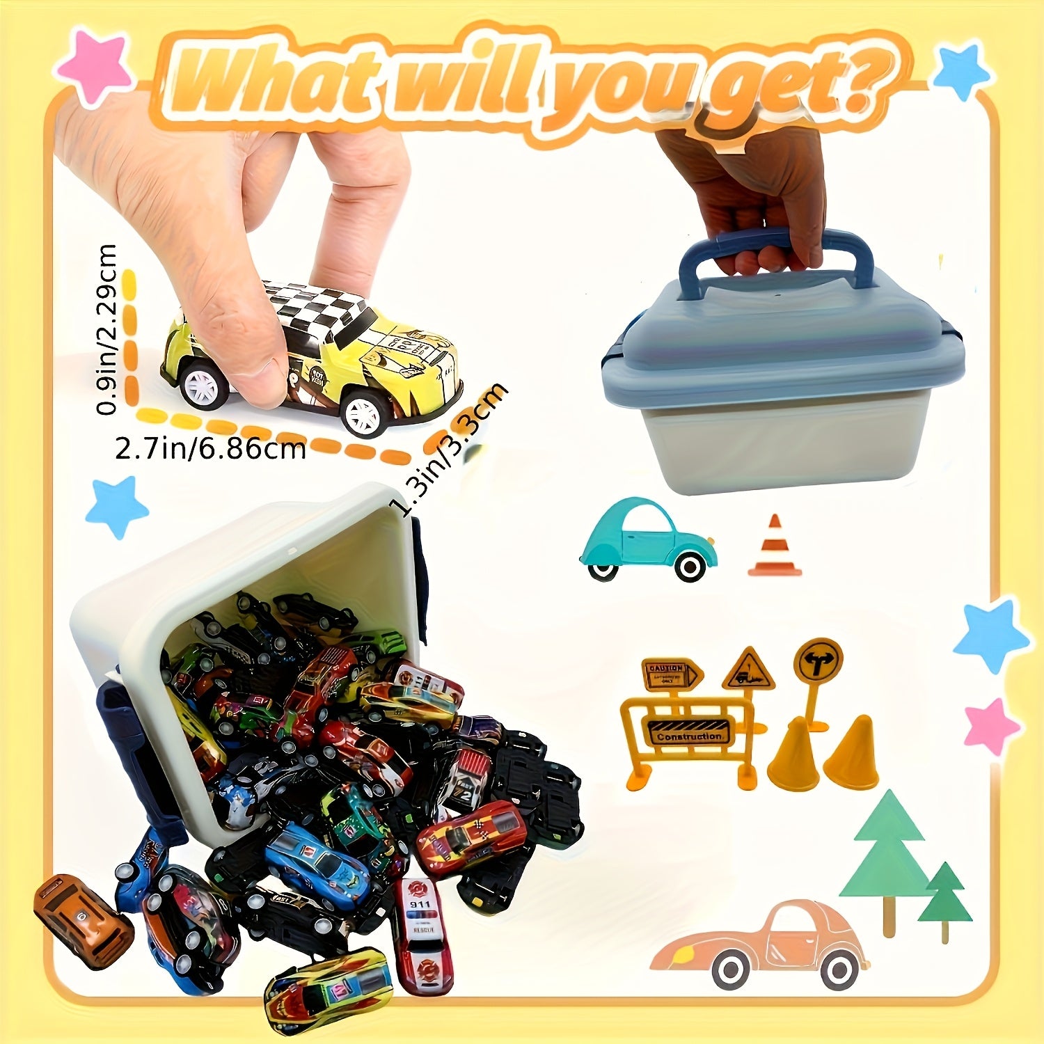 Set of 50 Friction-Powered Die-Cast Mini Rally Cars in Storage Box for Kids and Home Decor