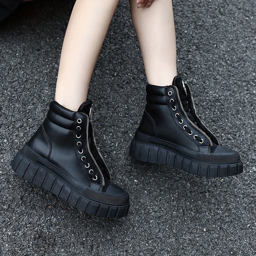 Women's Black High-Top Platform Boots with Zipper and Metallic Accents