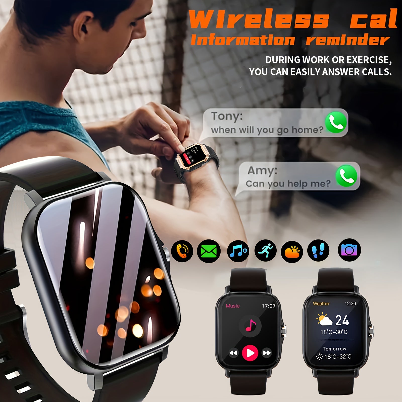 Large Silicone Smartwatch 4.65cm Wireless Calling Sports Tracker Compatible with iPhone Android