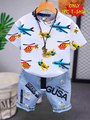 Kids Boys and Girls Cartoon Planes Print T-Shirt Summer Casual Polyester