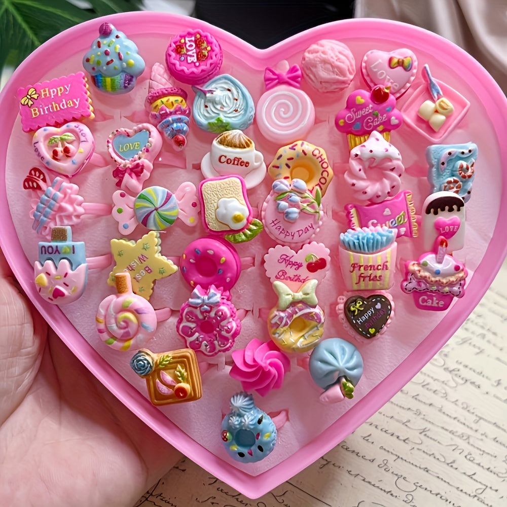 Set of 10 Food-Themed Resin Rings for Girls Age 3-14, Mixed Colors