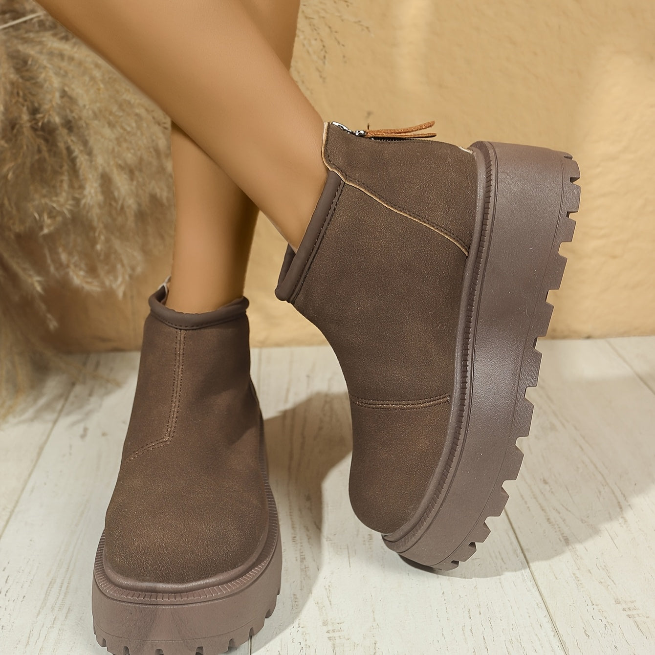 Women's Fleece-Lined Winter Boots Casual Round Toe Side Zipper Beige Black Brown