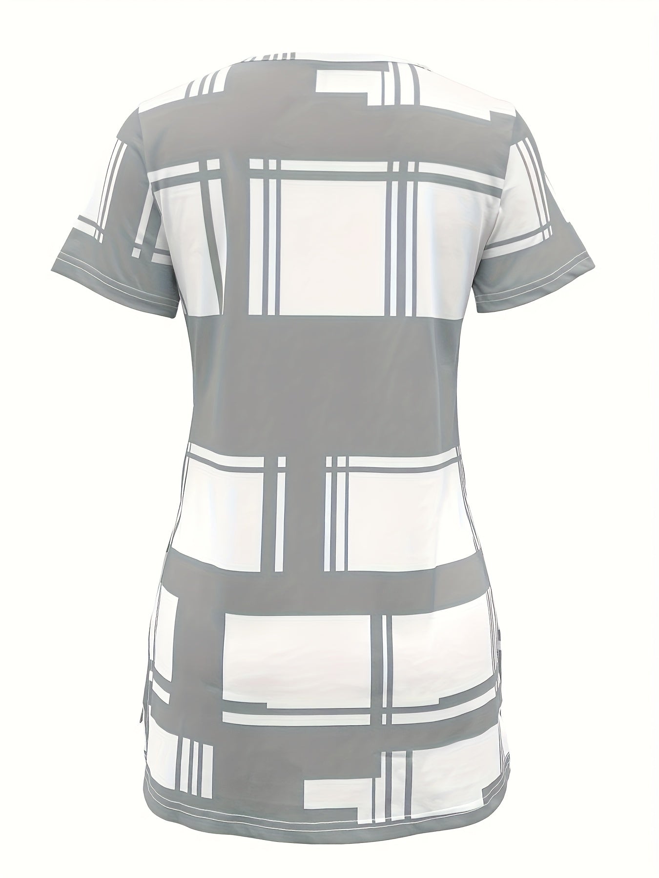 Women's Summer Purple Plaid Short Sleeve T-Shirt with Zipper and Side Slit