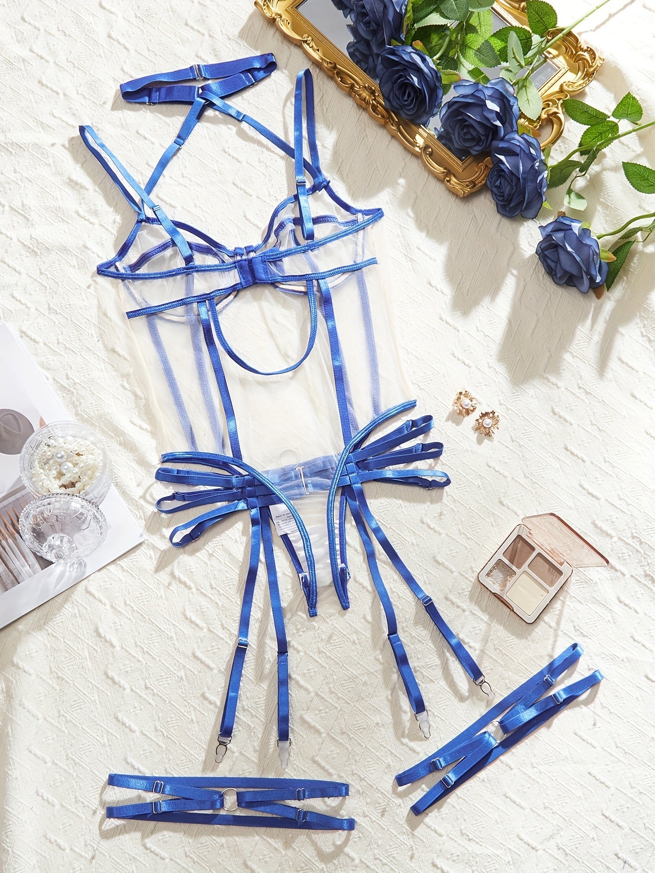 Women's Mesh Teddy with Strappy Garter Belt and Leg Harness