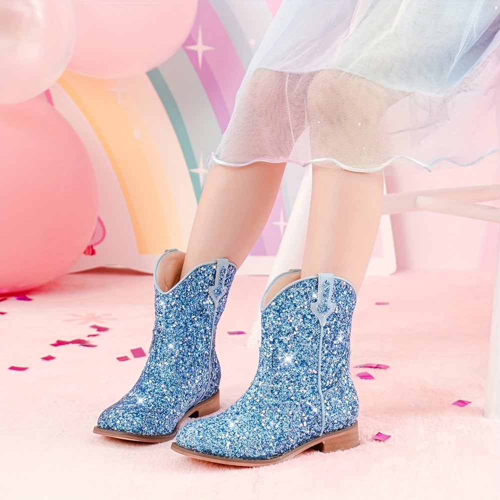 Botas de mezclilla de estilo western con purpurina para niñas, punta cuadrada y suela de goma