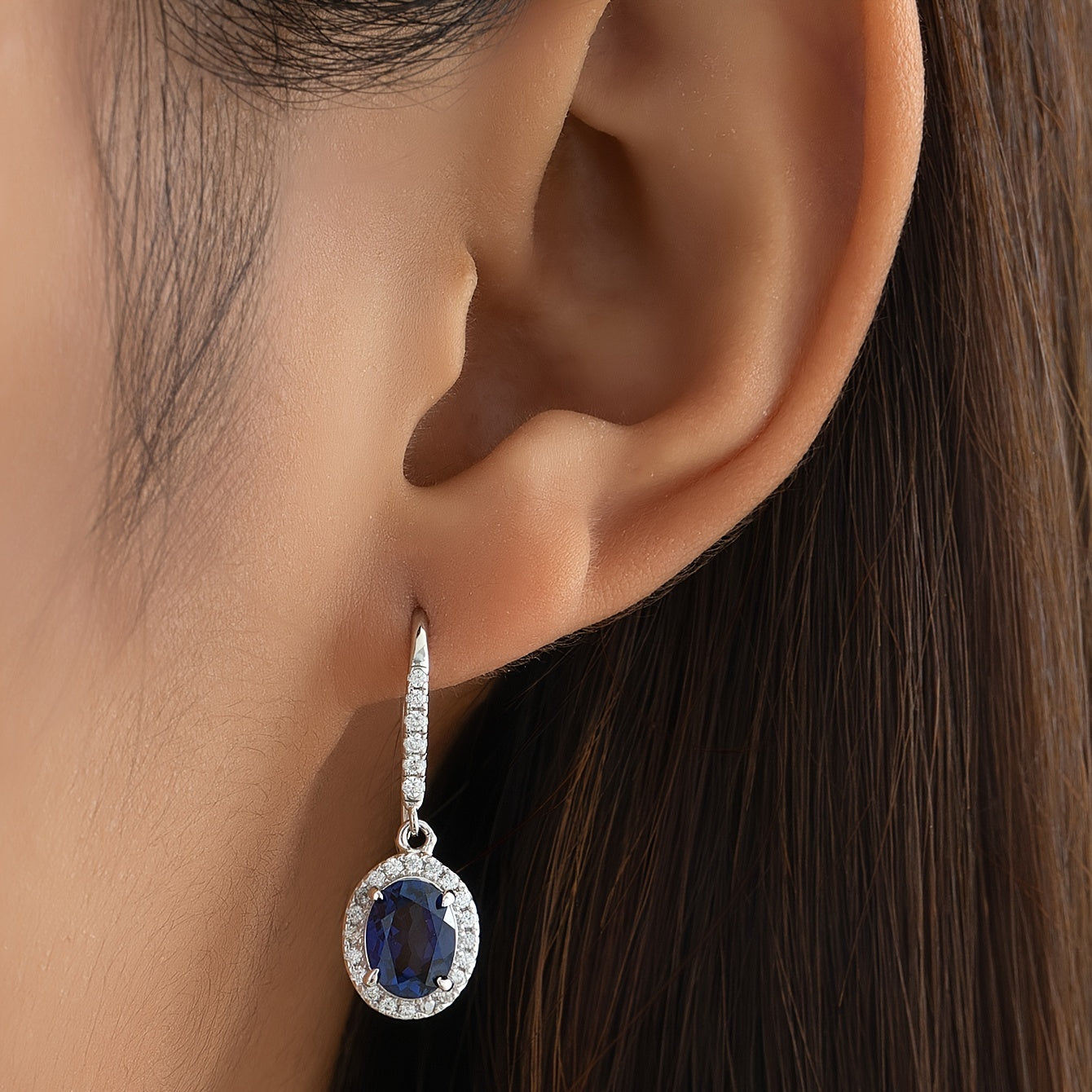 Sterling Silver Drop Earrings with Synthetic Sapphire Moissanite Oval Vintage Jewelry