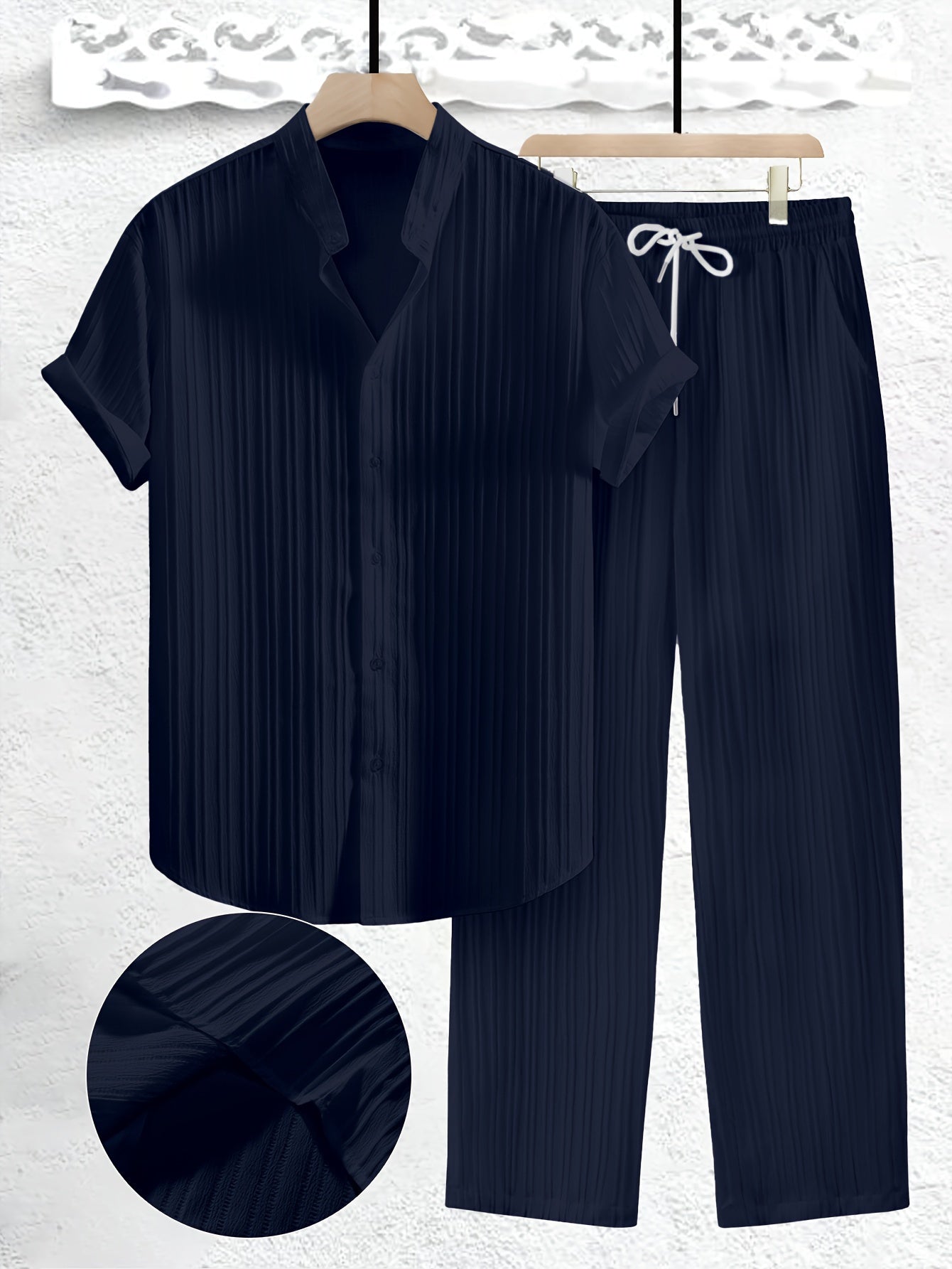Men's Plus Size Solid Color Casual Suit Set Short Sleeve Shirt and Drawstring Pants