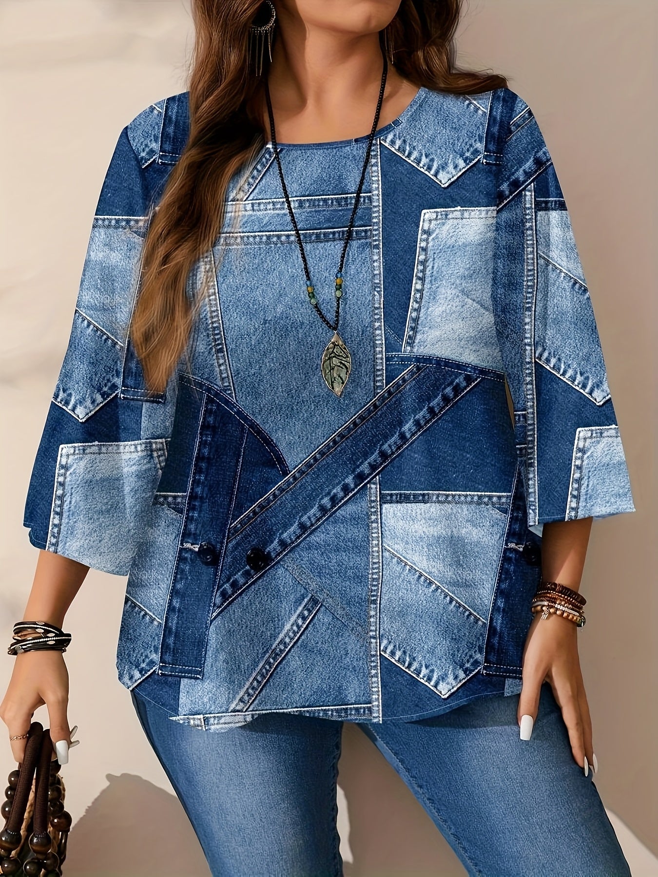 Katta o'lchamdagi ayollar uchun uzun ko'ylakli, dumaloq bo'yinli ko'ylak, bahor va kuz uchun