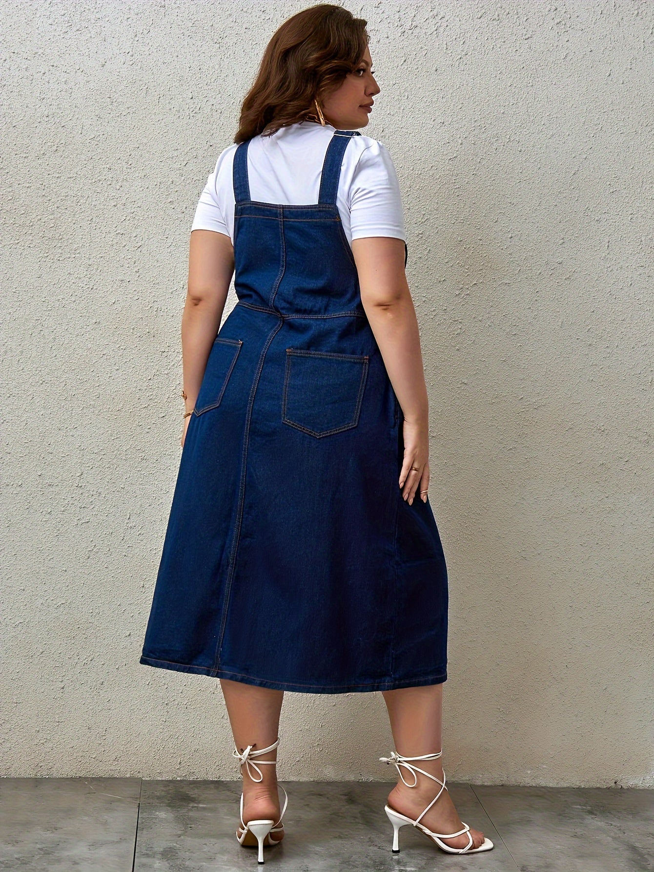 Plus Size Women's Denim Overall Dress with Pockets and Adjustable Straps