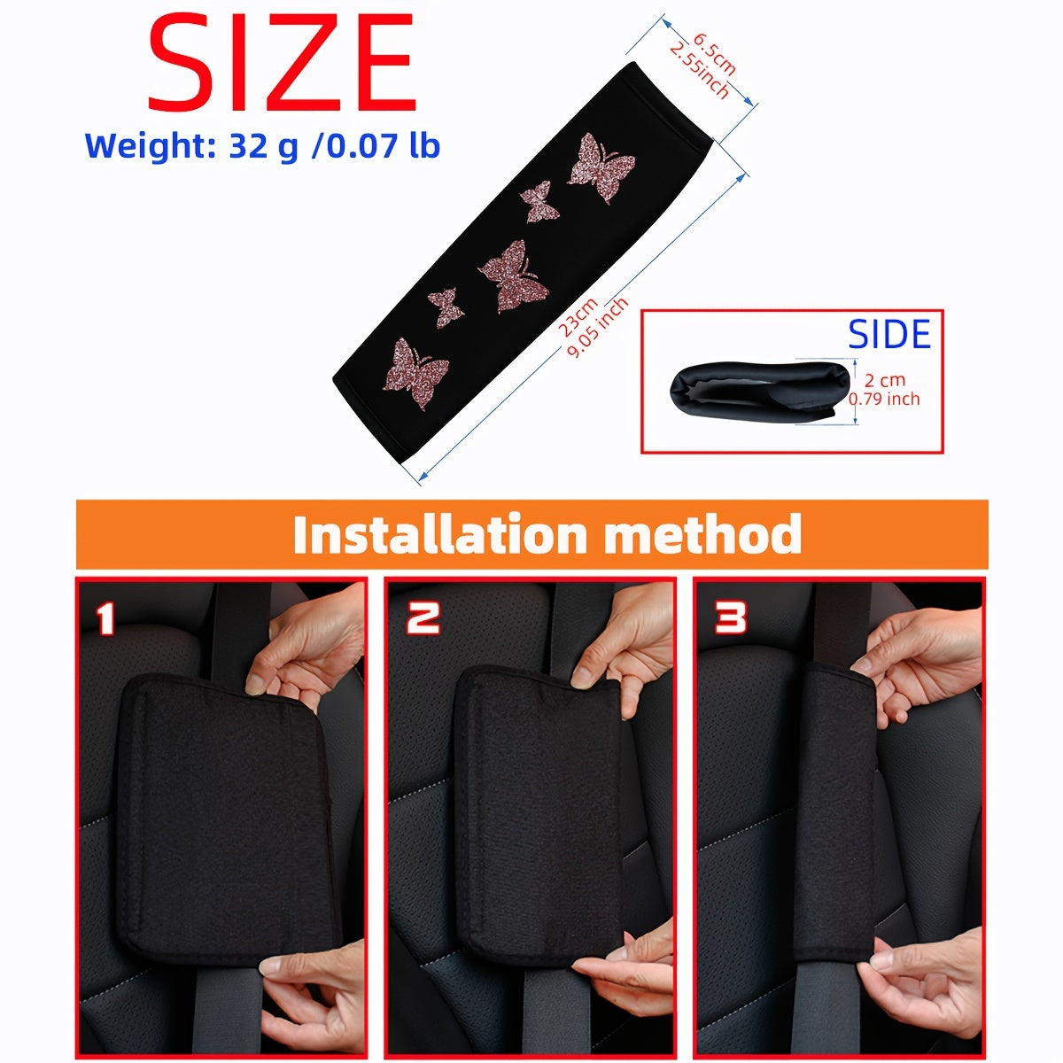 Pink Butterfly Car Seat Belt Cover Sponge Filled Shoulder Pad Safety Belt Protector