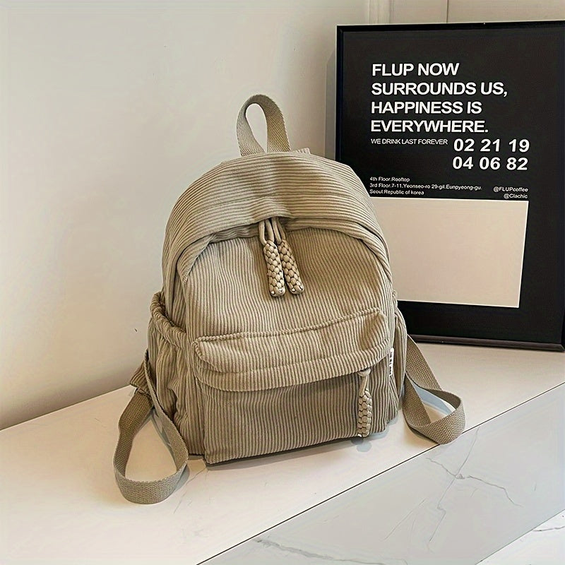 Small Corduroy Backpack for Winter Casual Students Water-Resistant Zipper Closure