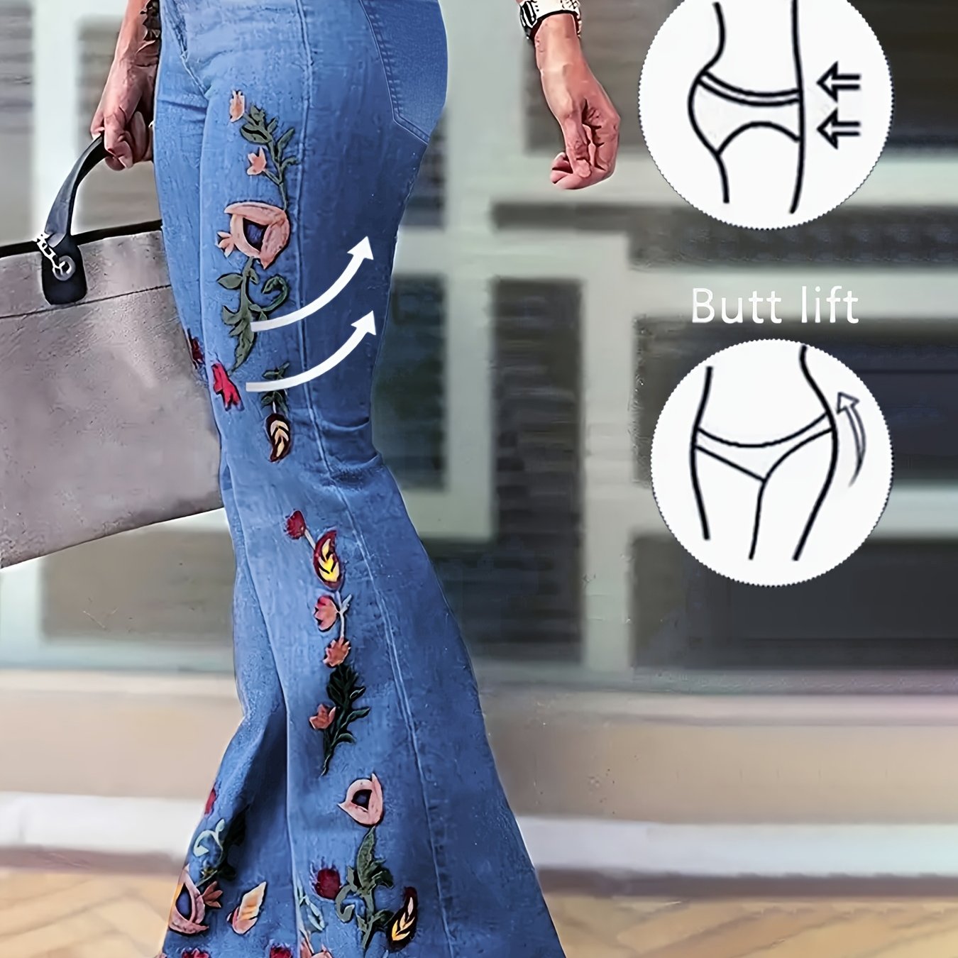 Jeans de campana de talla grande con bordado floral y pantalones vaqueros con control de abdomen