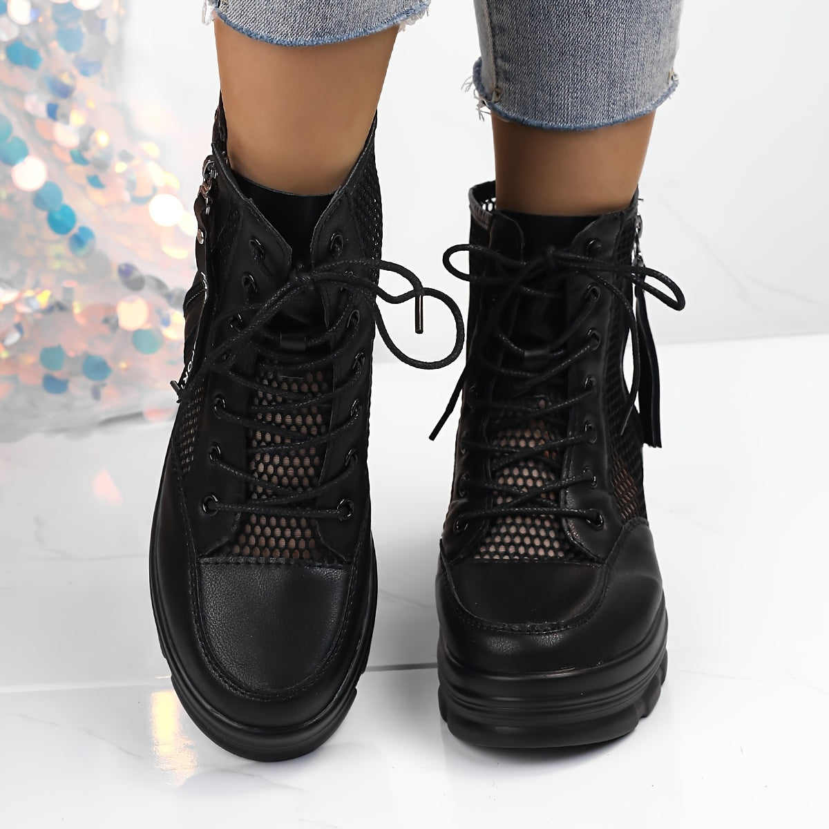 Women's Mesh Summer High Heel Booties with Side Zipper and Hollow Design