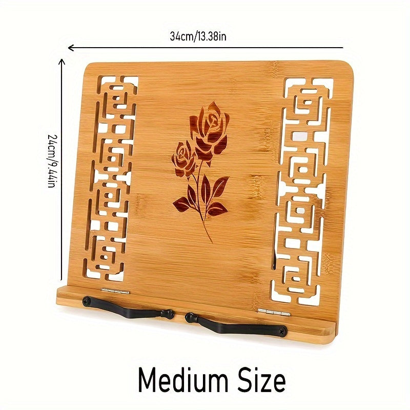 Bamboo Desktop Bookstand with Adjustable Positions and Hollow Pattern for Reading Painting and Video Viewing