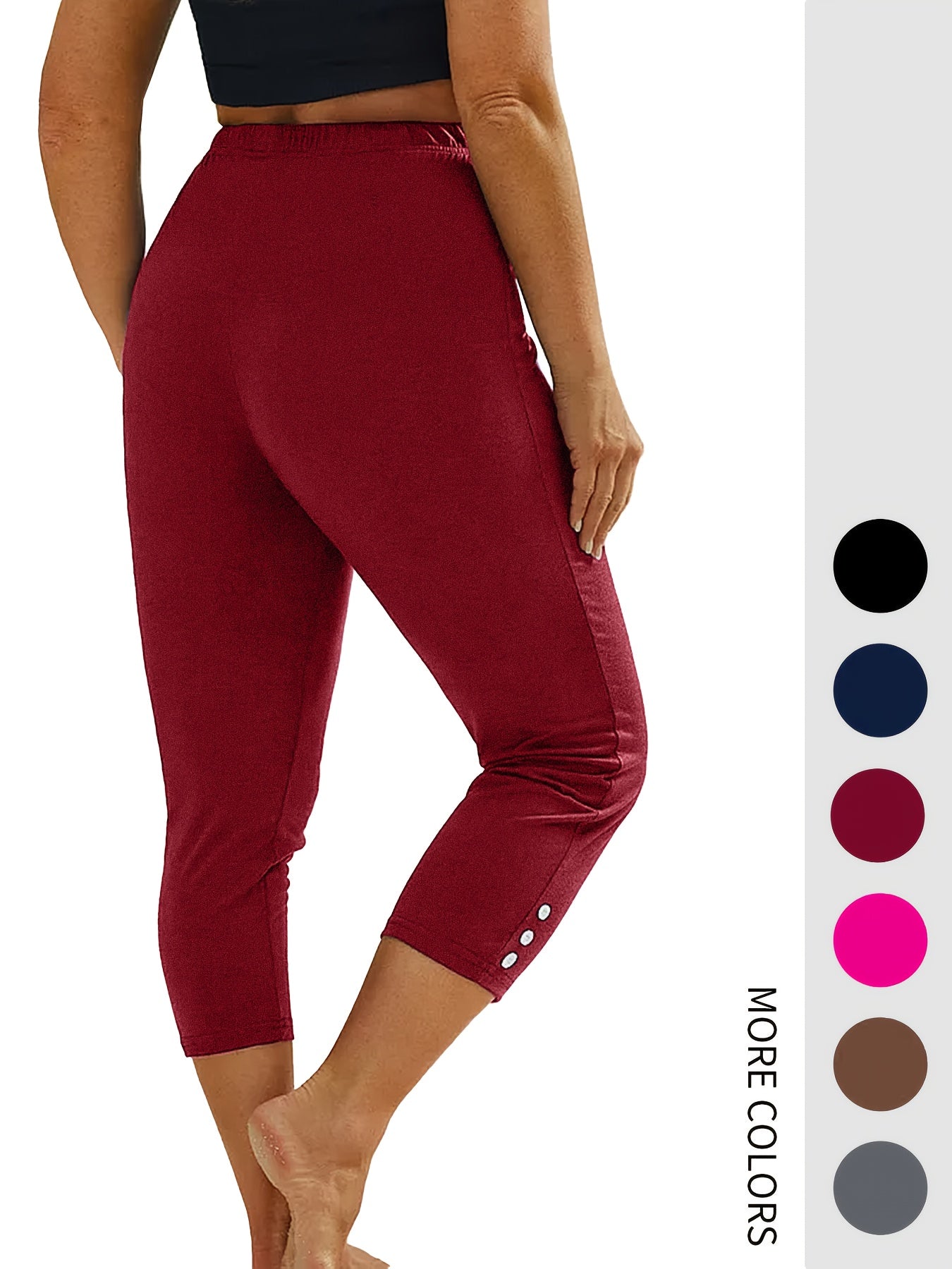 Women's High-Waisted Capri Leggings 5-Pack Faux Button Solid Colors Stretch