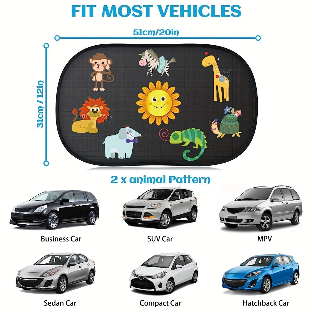 2-Pack Cartoon Animal Car Sun Shades UV Protection Black PVC 50.8x30.48 cm
