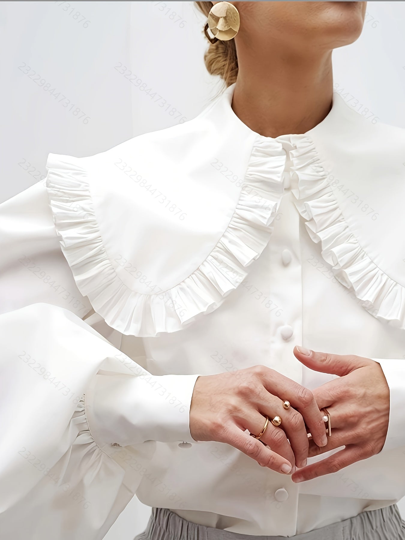 Women's Casual Polyester Shirt with Asymmetrical Wide Shoulder Puff Sleeves Solid Color Long Sleeve Blouse