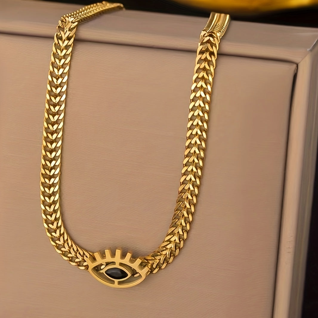 Golden Stainless Steel Retro Men’s Chain Necklace and Bracelet Set with Blue Eyes Design