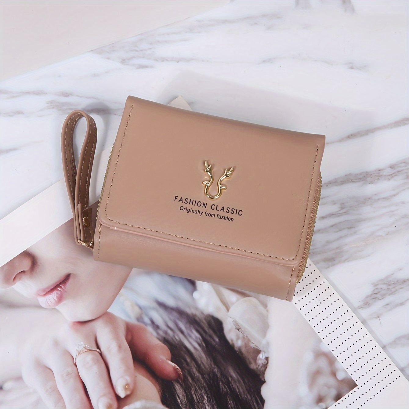 Men's Black PU Tri-Fold Wallet with Card Slots and Buckle