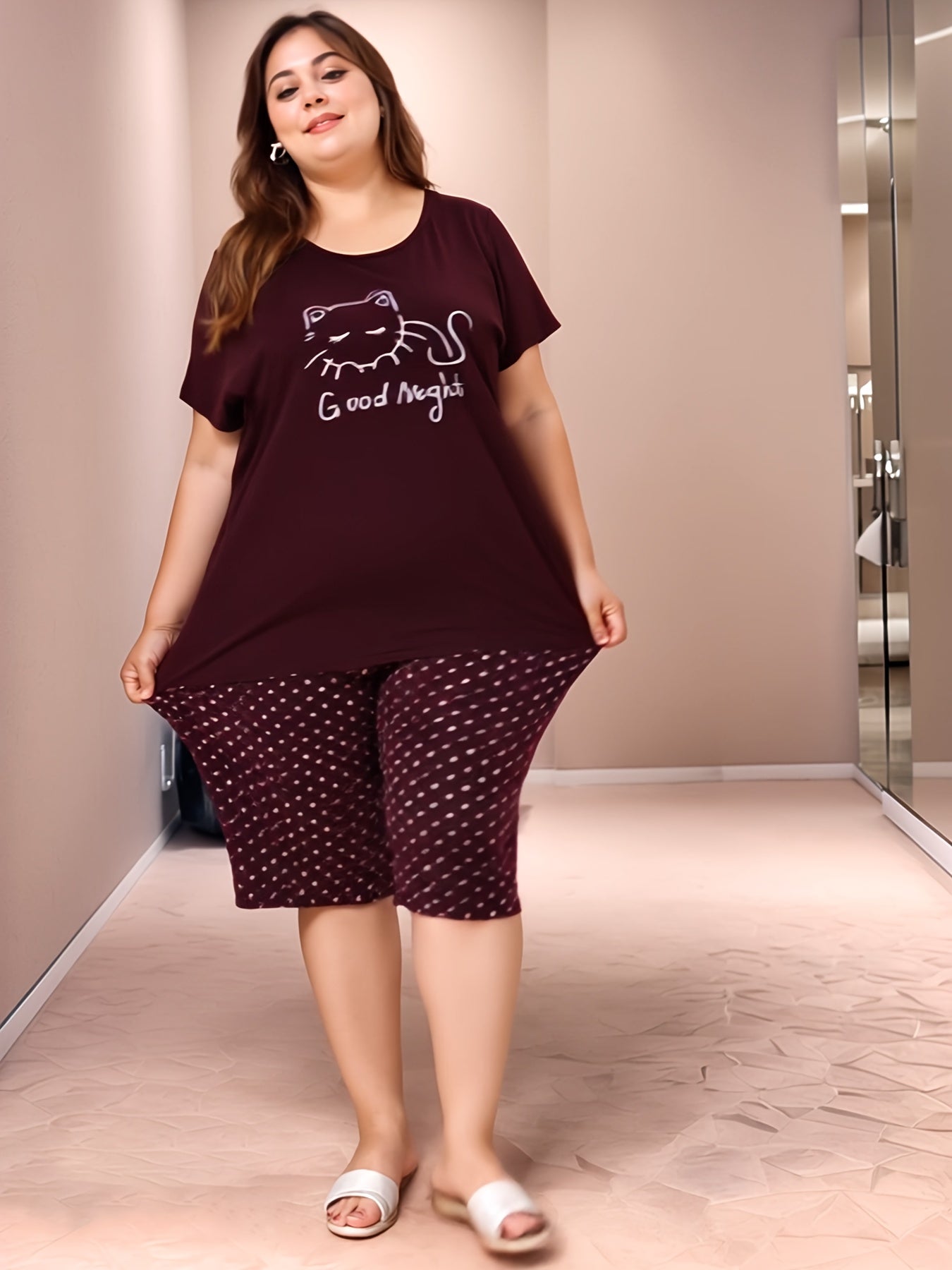 Women Casual Short Sleeve Pajama Set Large Size