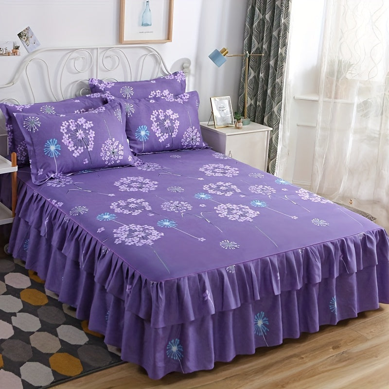 Set of 3 Tropical Floral Bedding Set with Lace Bed Skirt and Pillowcases Ruffled Edges Purple