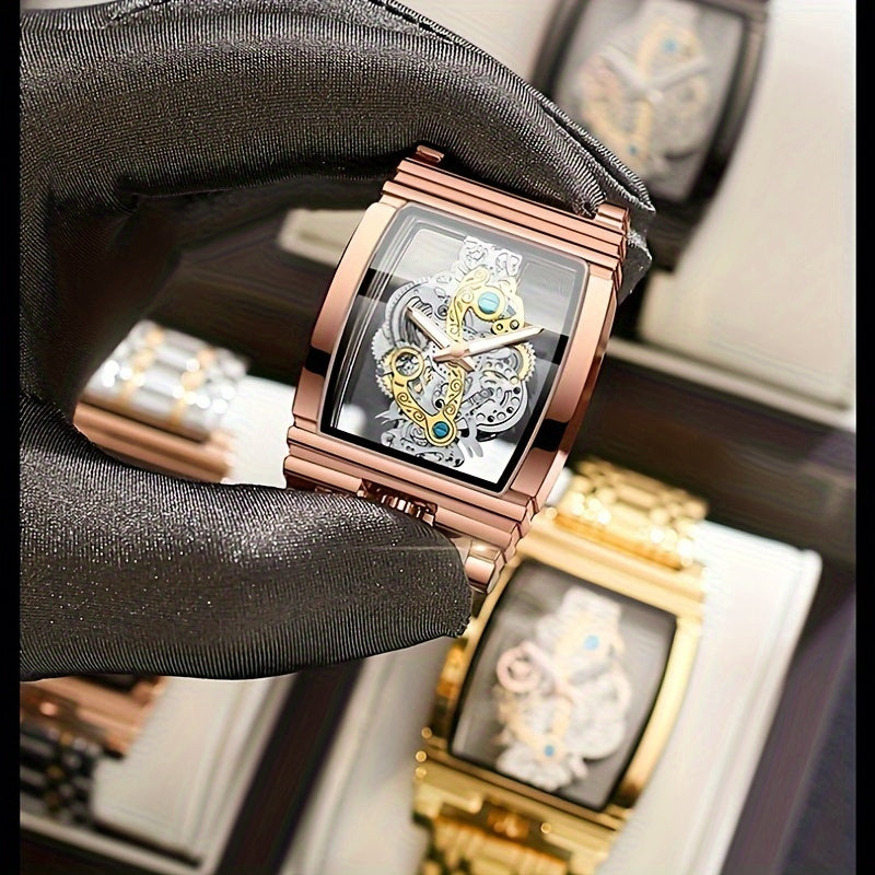 Luxury Men's Quartz Watch with Hollow-Out Stainless Steel Band and Luminous Dial