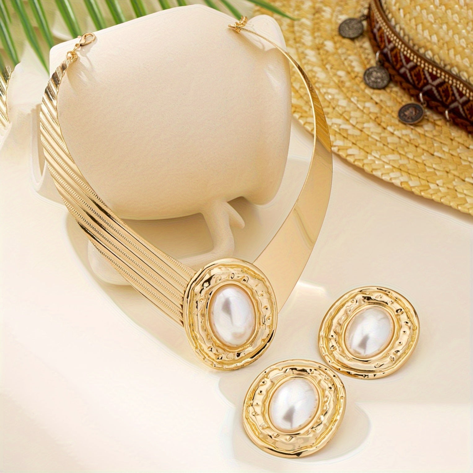 Gold Pearl Jewelry Set for Women Necklace and Earrings Elegant Gift