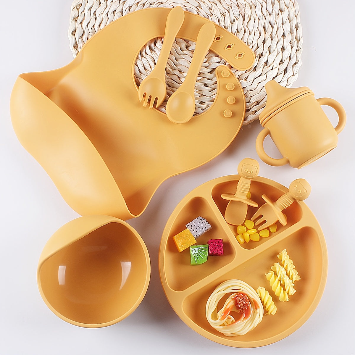 8pcs Silicone Baby Feeding Set Divided Plate Bowl Spoon Fork Bib Learning Cup for Toddlers