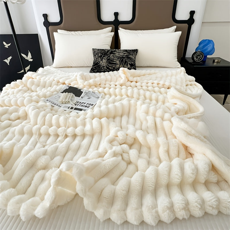 Striped Plush Throw Blanket Reversible Soft Polyester for Sofa Bed Travel
