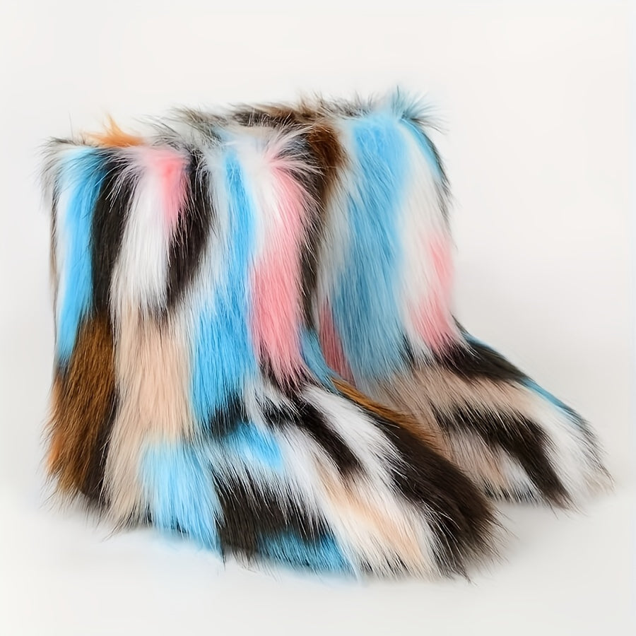 Women's Plush Faux Fur Mid-Calf Boots, Oversized, Harajuku Style