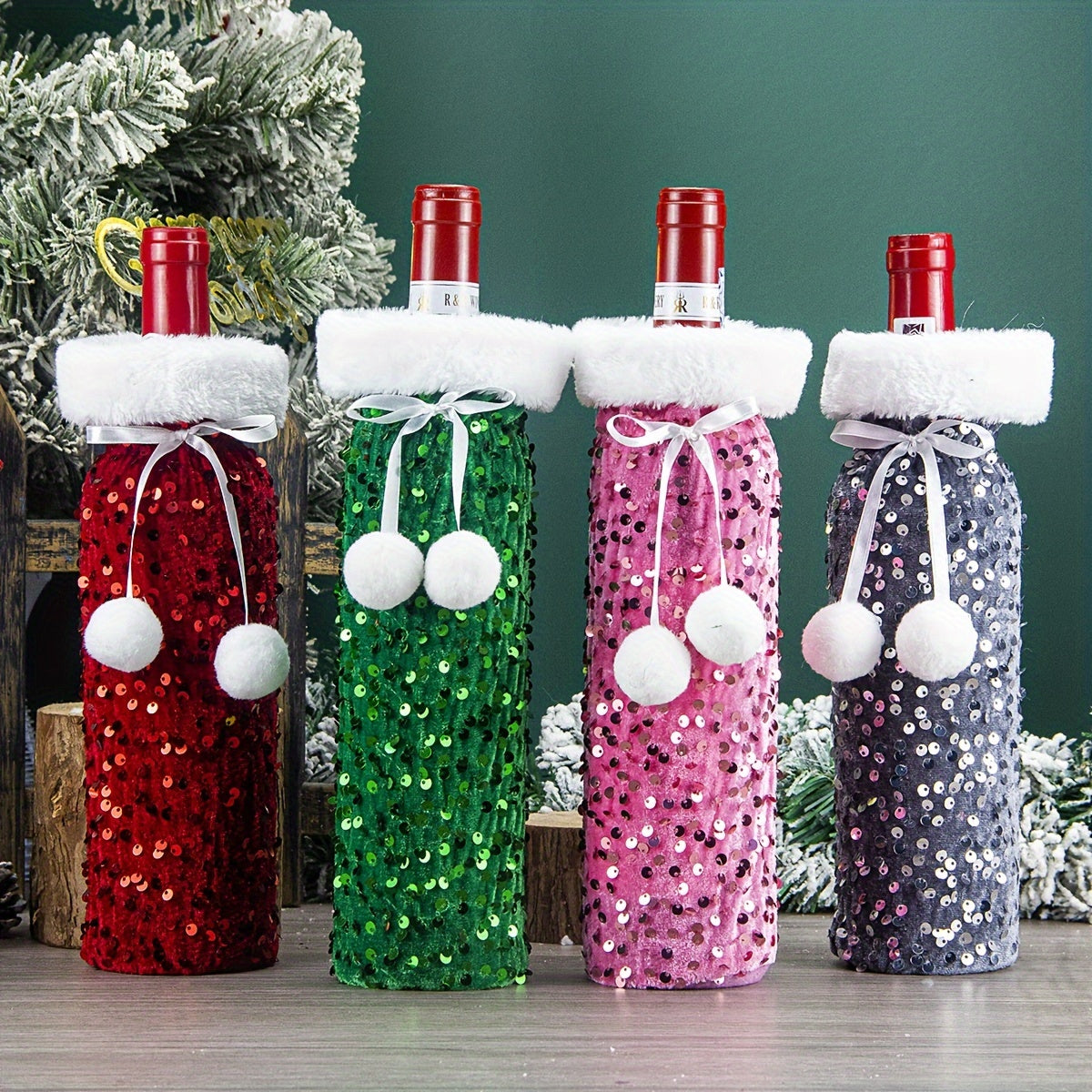 Colorful Sequin Christmas Ornament Wine Bottle Cover for Party Decoration