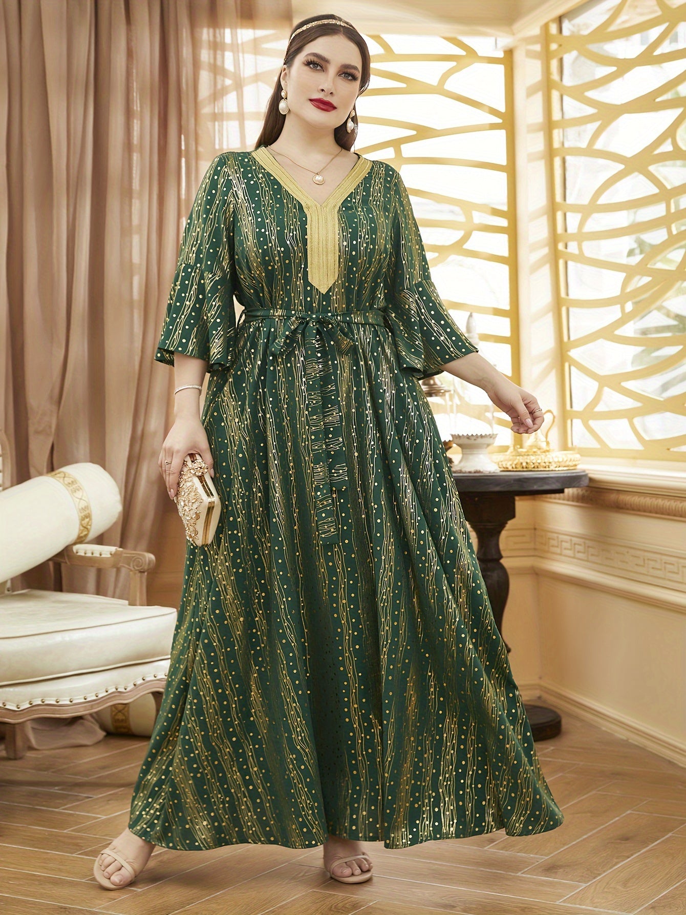 Plus Size Women's V-Neck Dress with Gold Floral Lace Sleeves and Adjustable Waist