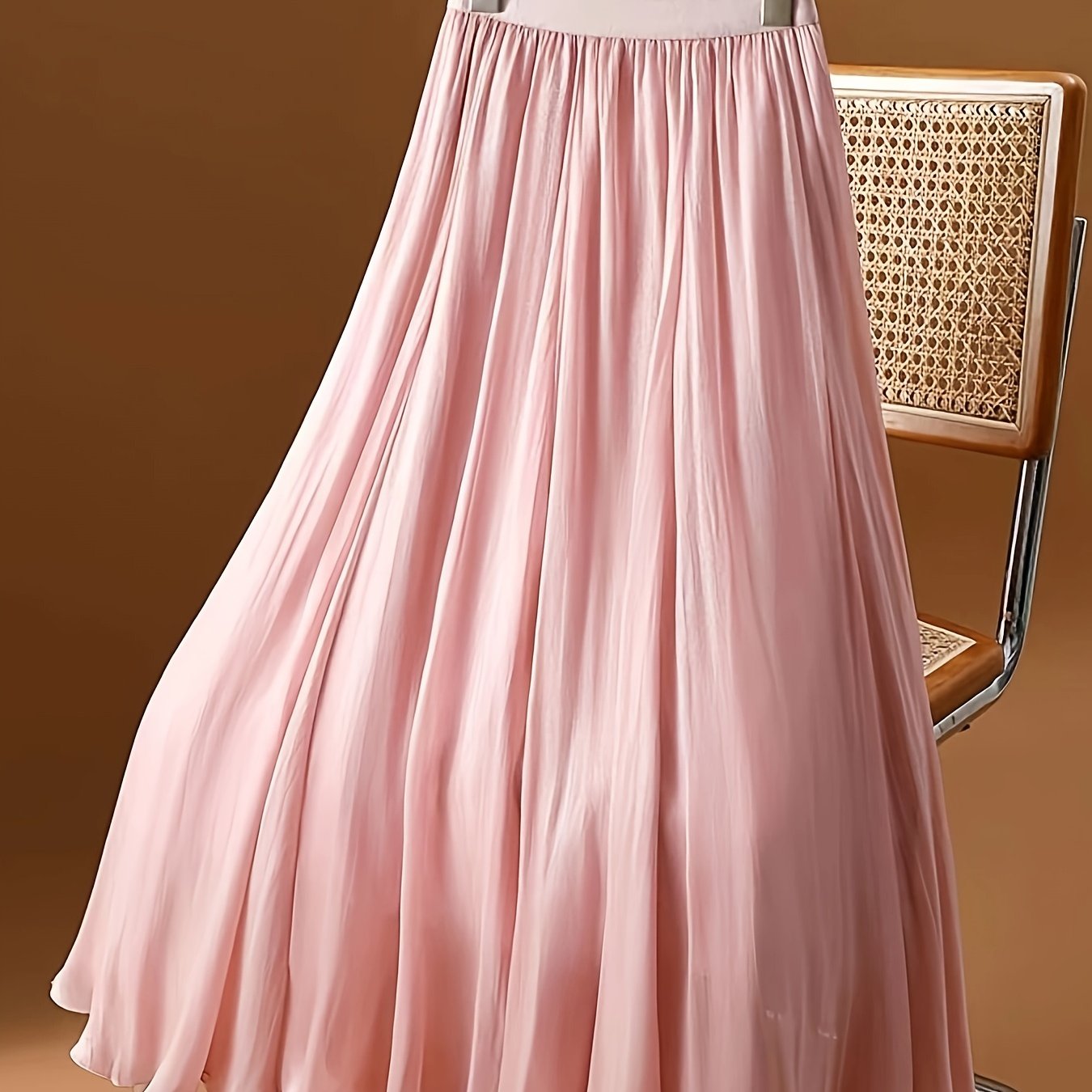 Women's Solid Color Midi A-Line Skirt with Elastic Waist for Summer